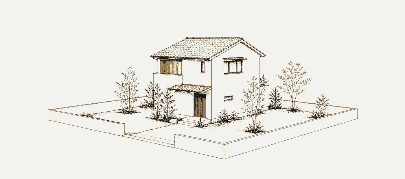 区画の上に建つ一軒の家。敷地の境界が分かる俯瞰の図